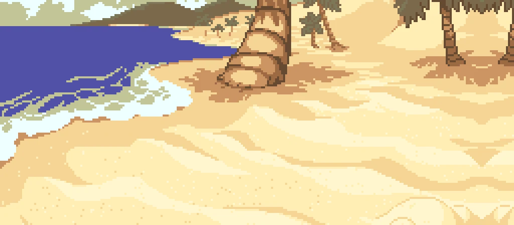 Coastal battle backdrop with palm trees and surf on pale sand.
