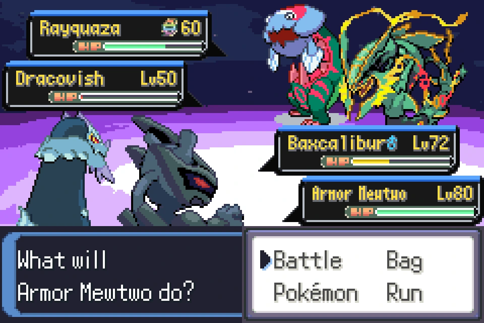 A double battle: Baxcalibur and Armor Mewtwo facing Rayquaza and Dracovish, with the battle menu open.