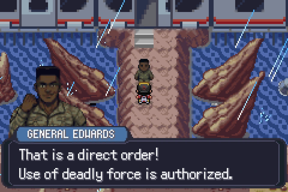 General Edwards on a rain-lashed dock, telling the player that use of deadly force is authorized.