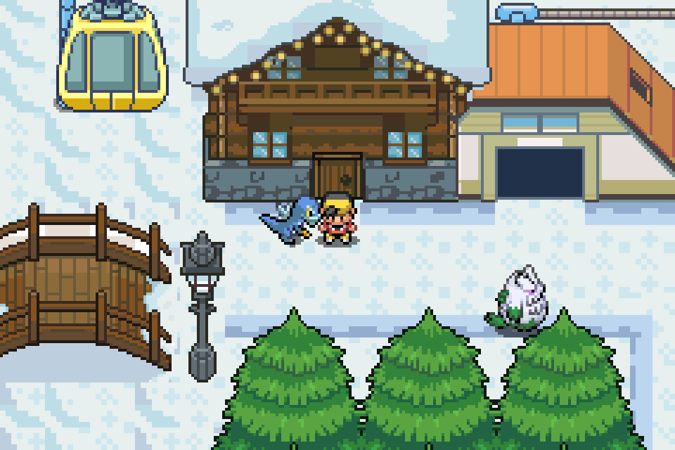 Frostwood Town under snow: a log lodge strung with lights, a yellow cable-car gondola, a footbridge and a row of pines, with the player and their follower out front.