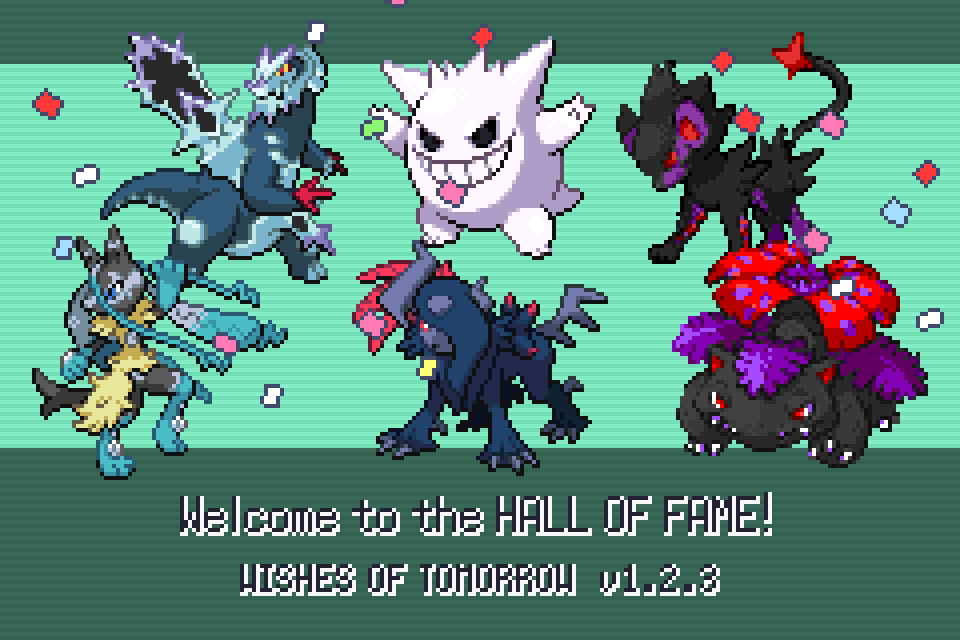 The Hall of Fame: six Pokémon including a white shiny Gengar and several Shadow Pokémon, under "Welcome to the HALL OF FAME!" and the Wishes of Tomorrow v1.2.3 stamp.