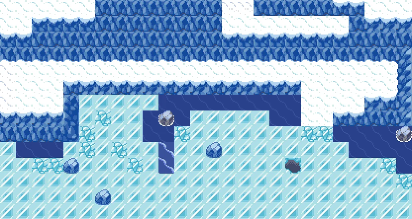 Munen Lake overworld: a frozen surface with cracked ice tiles and boulders.