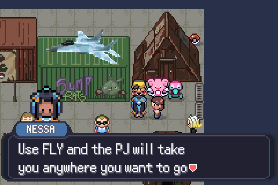Nessa beside a parked jet, telling the player that FLY and the PJ will take them anywhere.