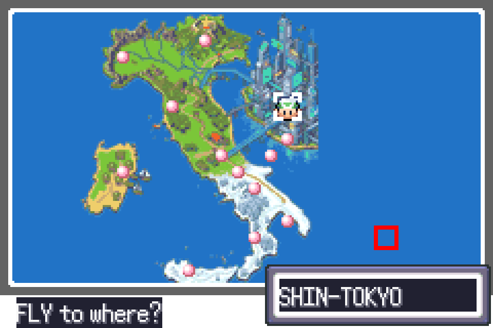 The region map open on the FLY screen with Shin-Tokyo selected.