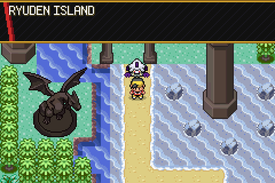Arriving on Ryuden Island, its name card shown across the top of a palm-lined shore.