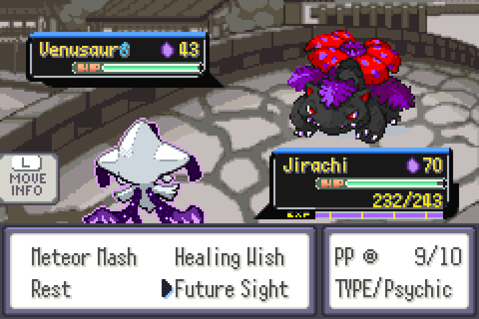 A battle against a Shadow Jirachi, its move list showing Meteor Mash, Healing Wish, Rest and Future Sight.
